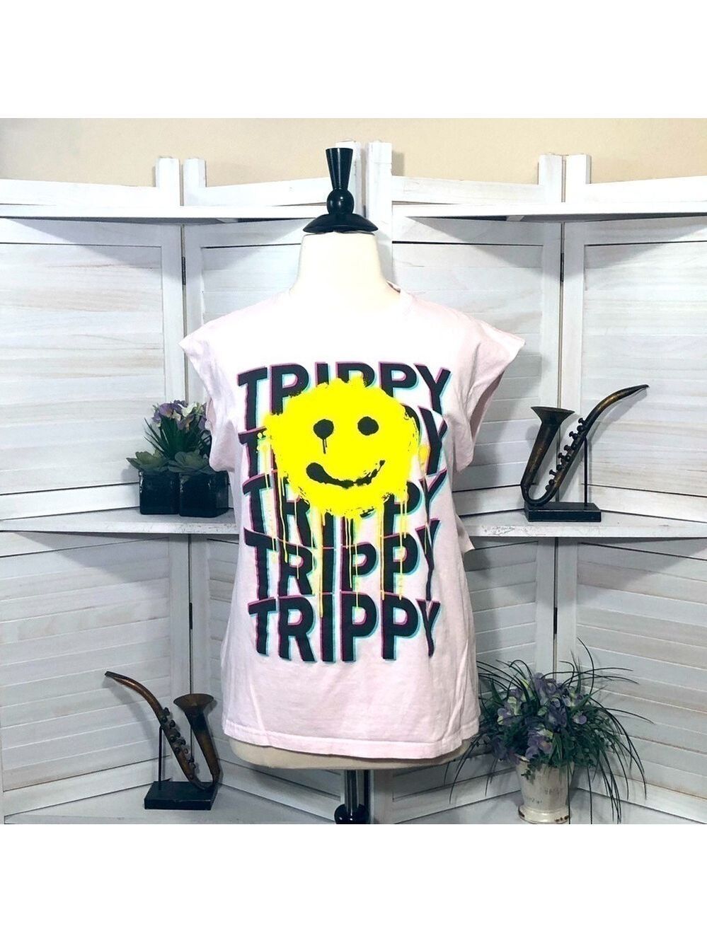 Vintage Y2K tank top Upcycled cutout smiley trippy pink cotton grunge Alt 90s XL
